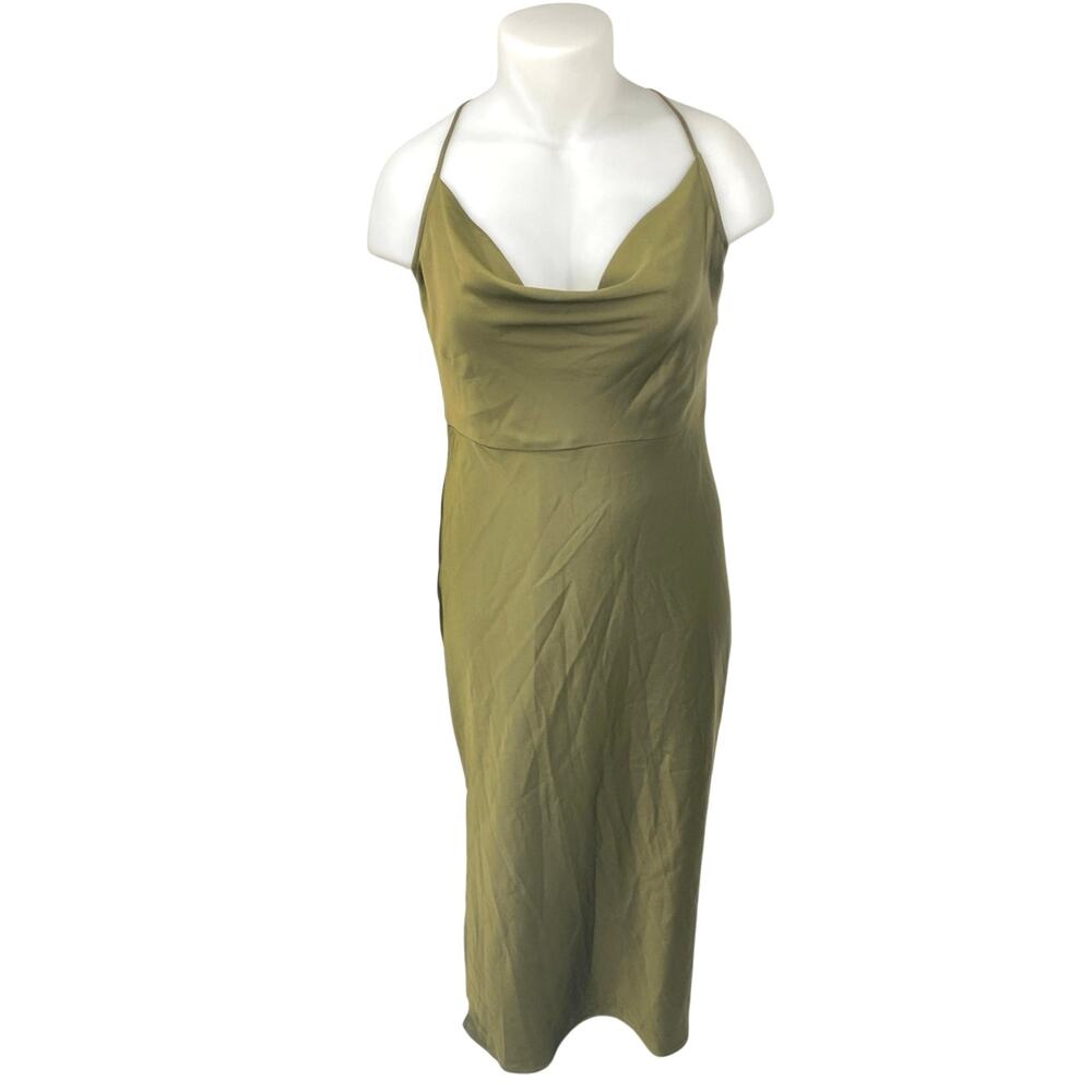 Taylor Olive Green Silky Satin Sleeveless Cami Cowl Neck Tank Slip Dress Size 16